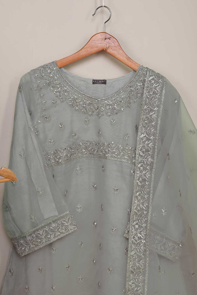 3Pc Organza Embroidered Stitched Kurti with Organza Embroidered Dupatta With Raw Silk Trouser - Khombi Frock (P-KGF-21-Grey)
