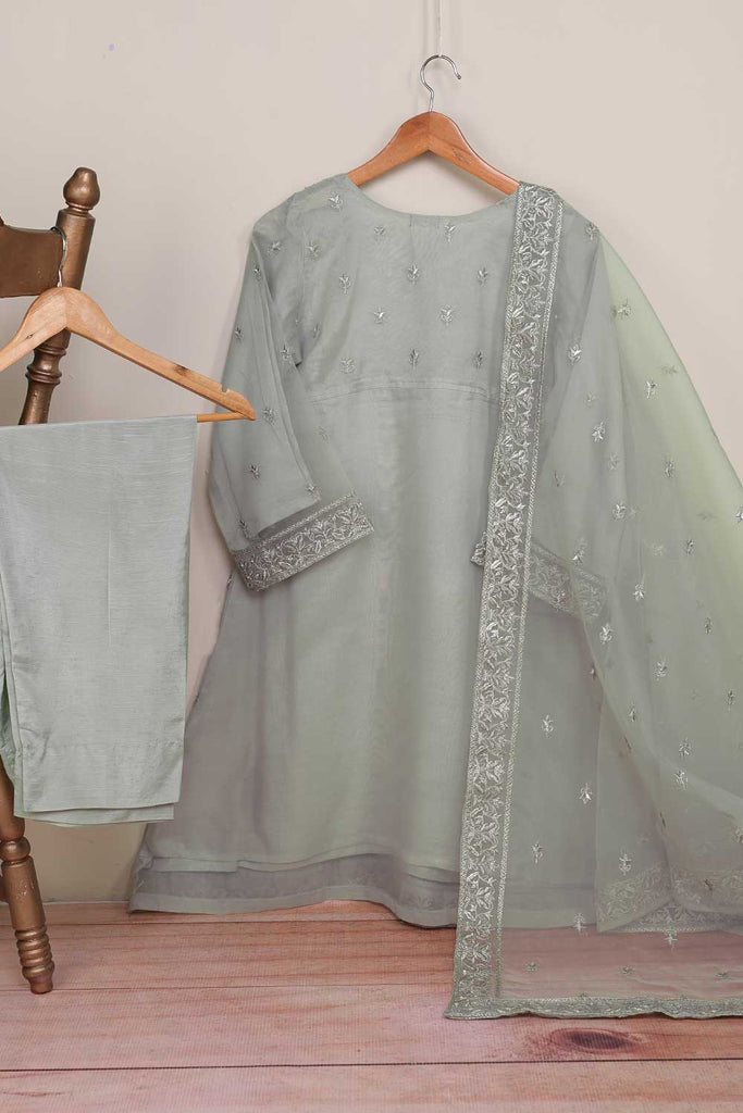 3Pc Organza Embroidered Stitched Kurti with Organza Embroidered Dupatta With Raw Silk Trouser - Khombi Frock (P-KGF-21-Grey)