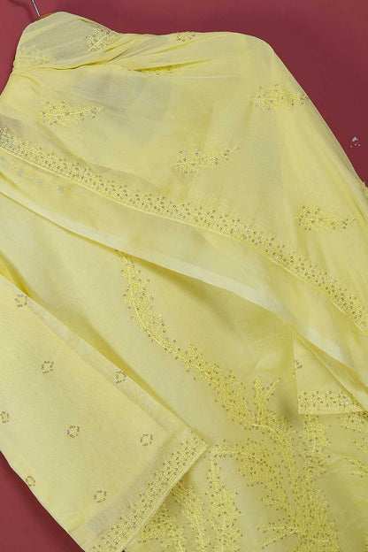 Khombi Paper Cotton 2PC (P-KPC2pc-21-Yellow) - Paper Cotton Embroidered Shirt With Mirror Work With Chiffon Embroidered Dupatta