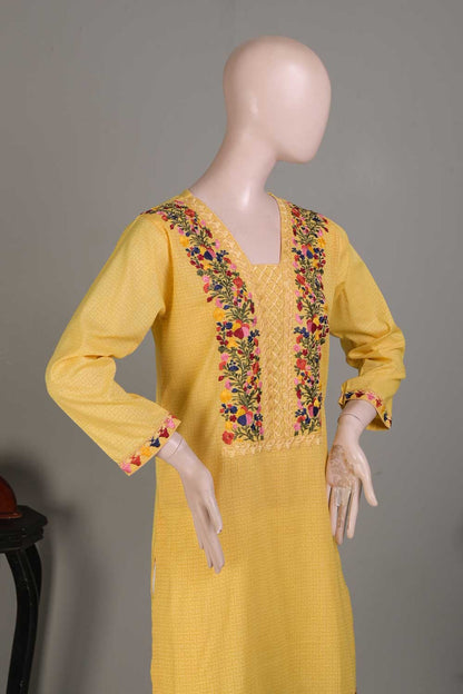 P-14-22-Yellow- Wide - Cambric Embroidered Kurti