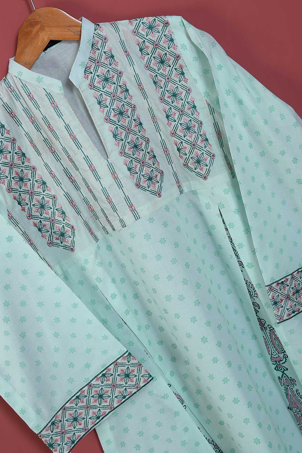 (P-67-21-Sea Green) - Cotton Printed & Embroidered Frock