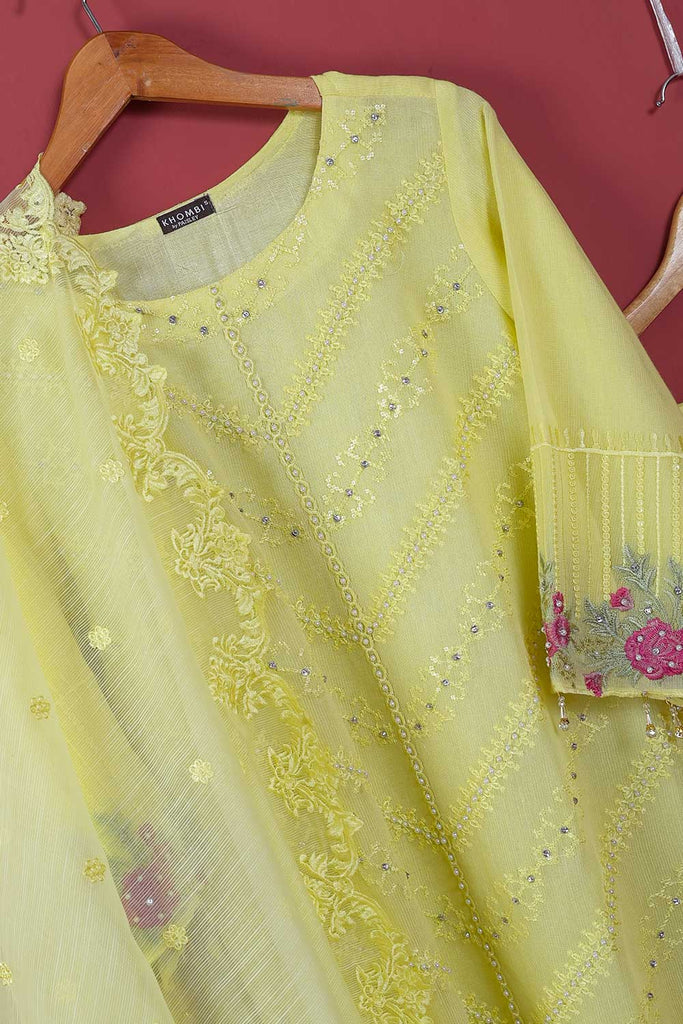 Cotton Net 3 PC (P-KCN-21-3pc-Lemon) - 3Pc Cotton Net Embroidered with Hand Work With Slub Organza Embroidered Dupatta With Raw Silk Trouser