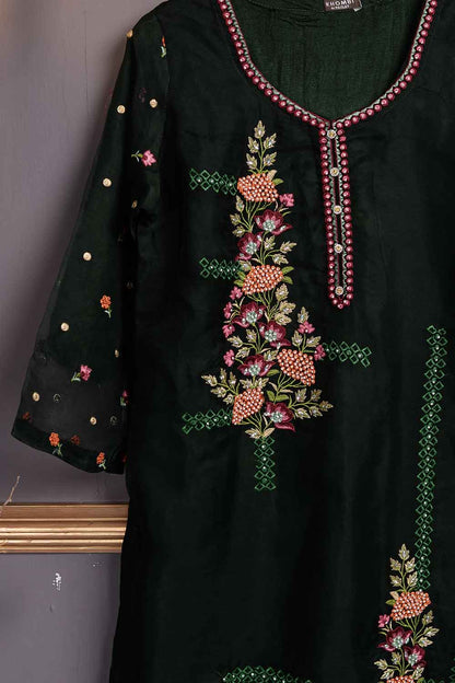 Organza Embroidered Kurti - Iconic (P-28-20-BottleGreen)