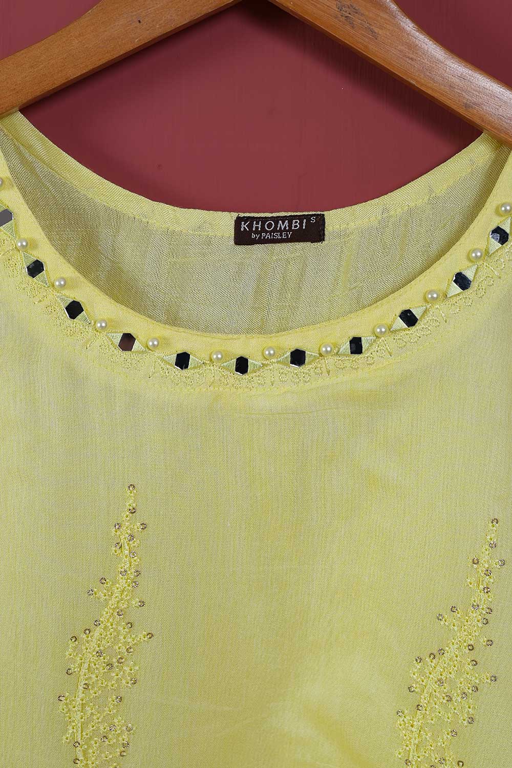 Khombi Paper Cotton 2PC (P-KPC2pc-21-Yellow) - Paper Cotton Embroidered Shirt With Mirror Work With Chiffon Embroidered Dupatta