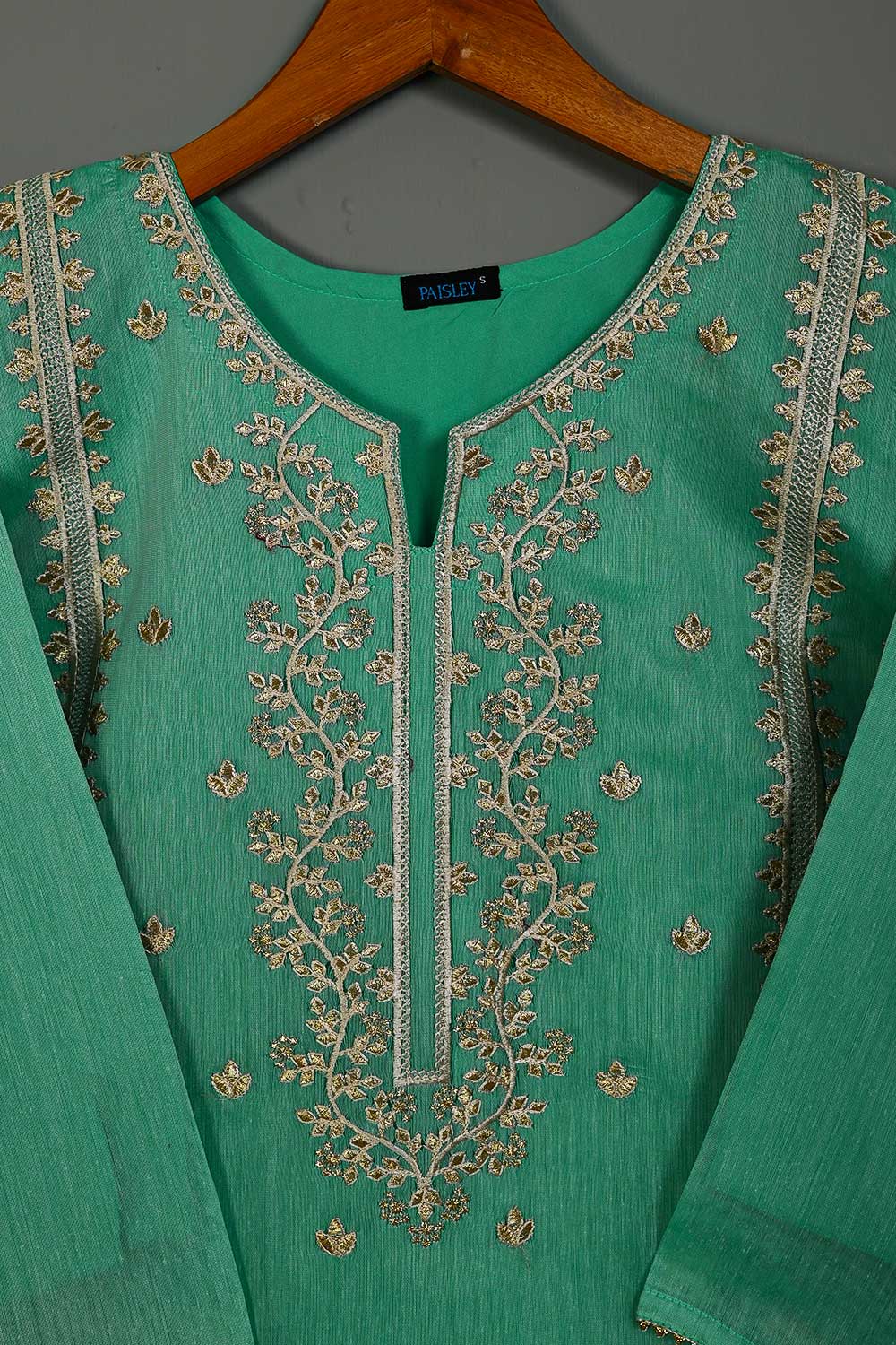 P-104-21-Sea Green - Paper Cotton 5 - Paper Cotton Embroidered Kurti