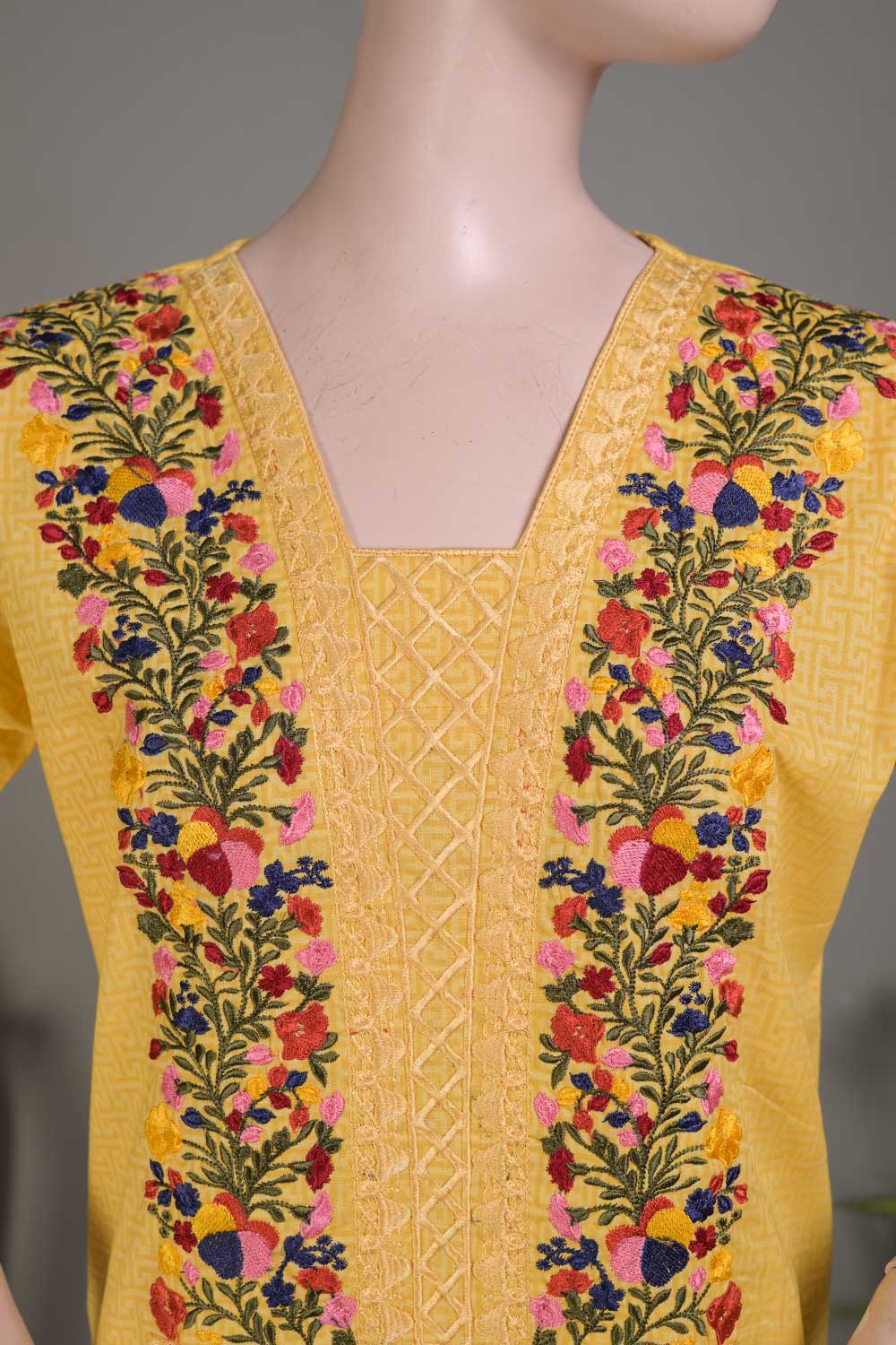 P-14-22-Yellow- Wide - Cambric Embroidered Kurti