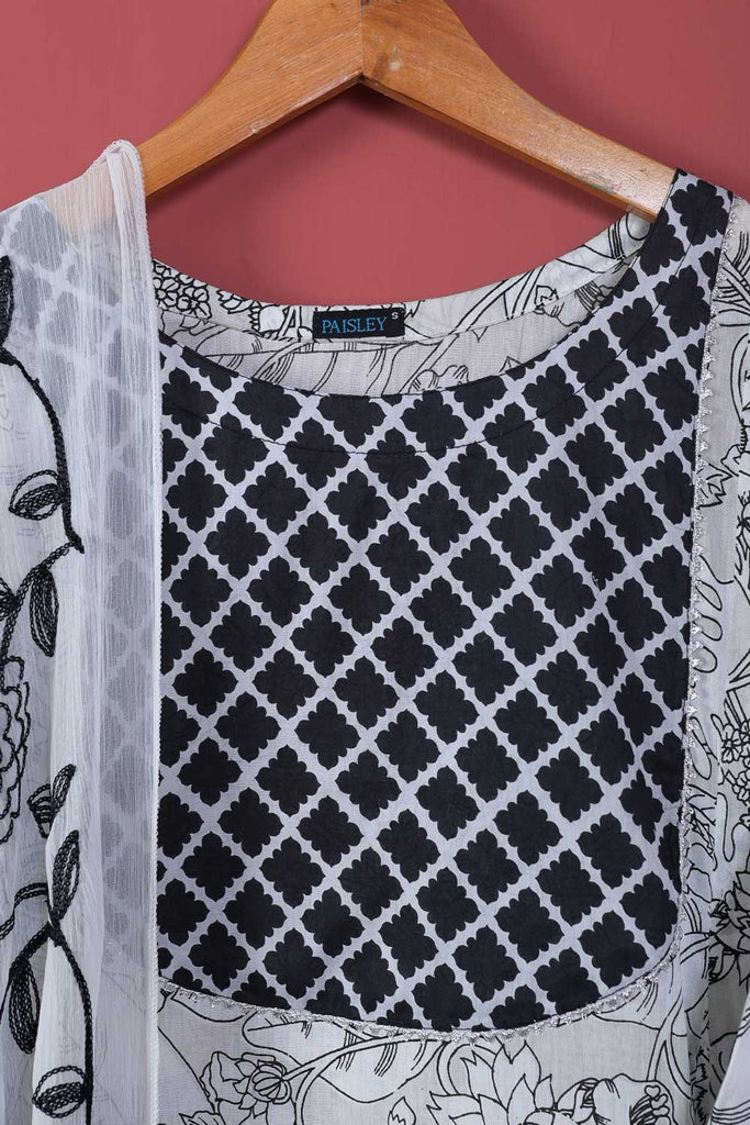 Smartel Frock (P-64-21-Black & White) - 3Pc Cotton Printed with Gota Work With Embroidered Chiffon Dupatta With Cotton Printed Trouser