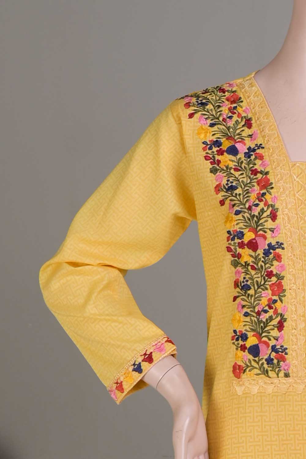 P-14-22-Yellow- Wide - Cambric Embroidered Kurti