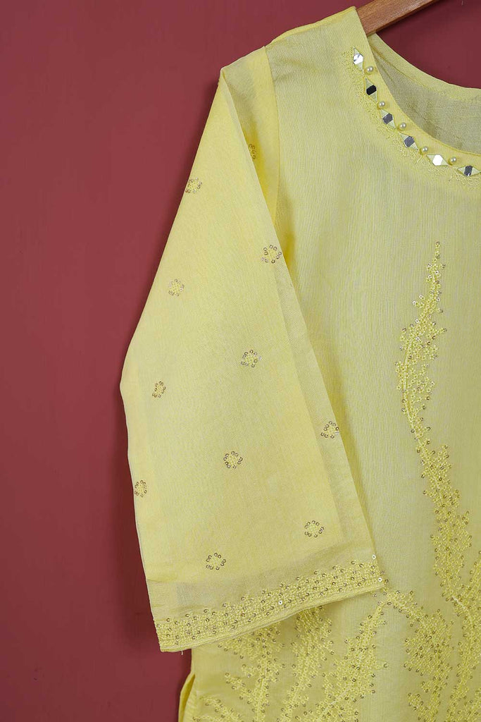 Khombi Paper Cotton 2PC (P-KPC2pc-21-Yellow) - Paper Cotton Embroidered Shirt With Mirror Work With Chiffon Embroidered Dupatta