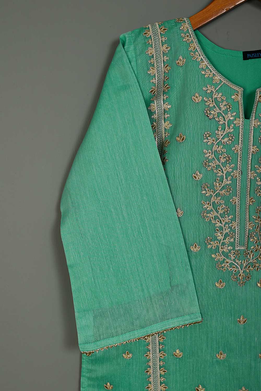 P-104-21-Sea Green - Paper Cotton 5 - Paper Cotton Embroidered Kurti