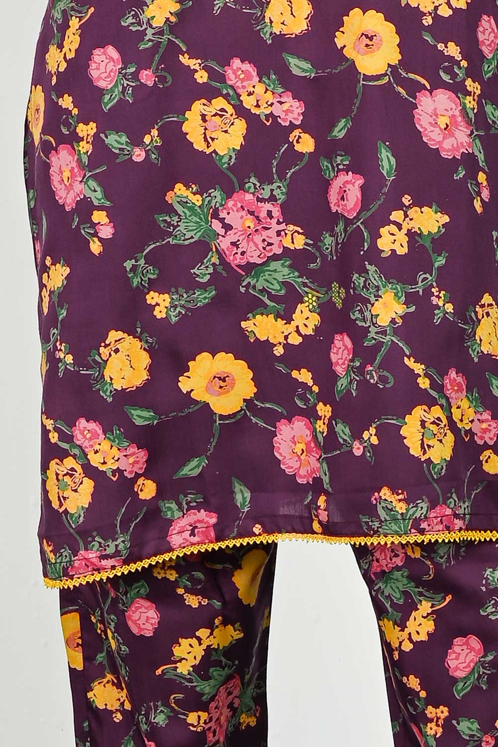 P-01-23-Purple - Viscose Yellow Flower | 2Pc Cambric Printed Shirt With Printed Trouser