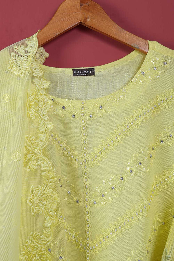 Cotton Net 3 PC (P-KCN-21-3pc-Lemon) - 3Pc Cotton Net Embroidered with Hand Work With Slub Organza Embroidered Dupatta With Raw Silk Trouser