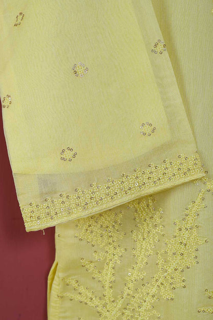 Khombi Paper Cotton 2PC (P-KPC2pc-21-Yellow) - Paper Cotton Embroidered Shirt With Mirror Work With Chiffon Embroidered Dupatta