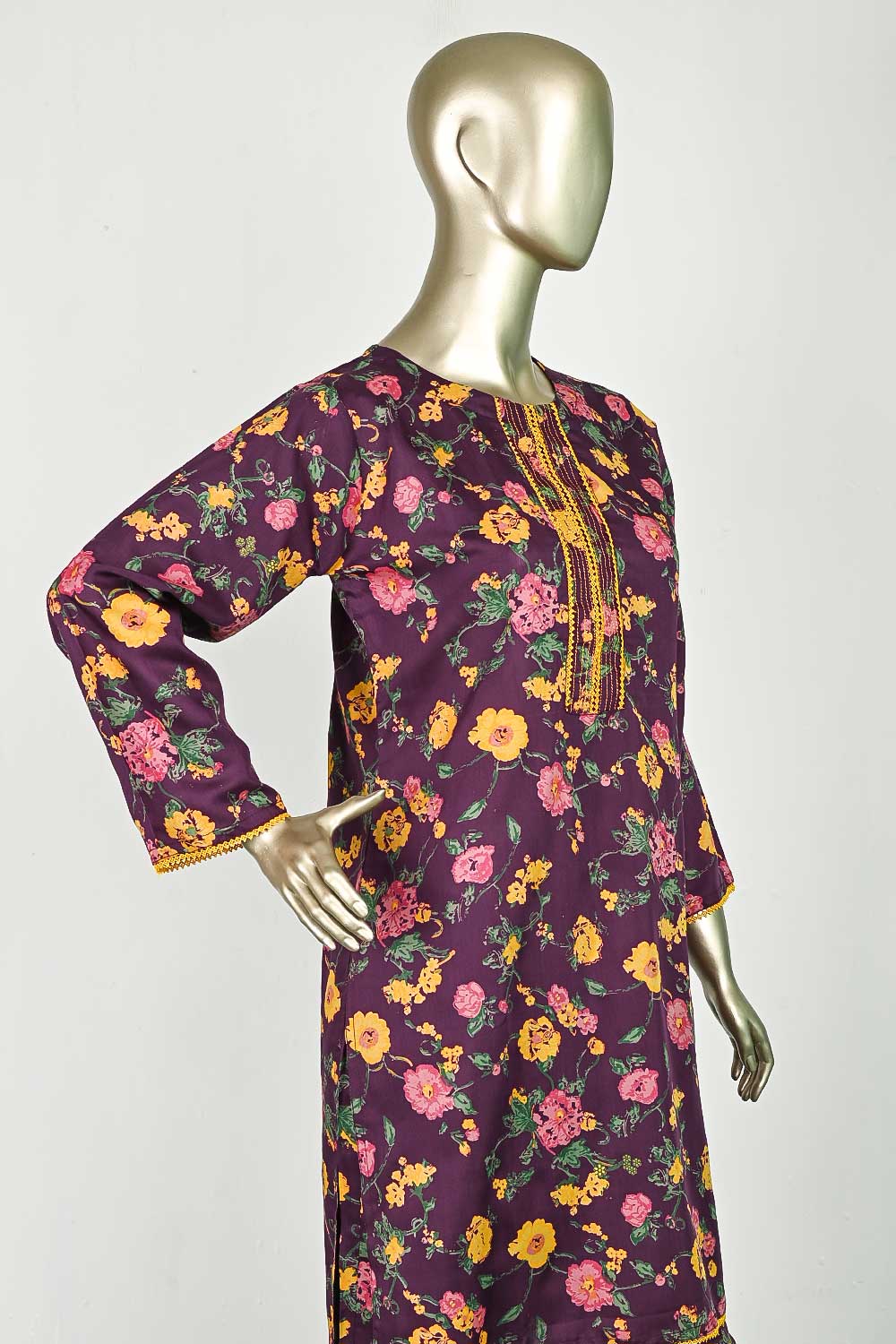 P-01-23-Purple - Viscose Yellow Flower | 2Pc Cambric Printed Shirt With Printed Trouser