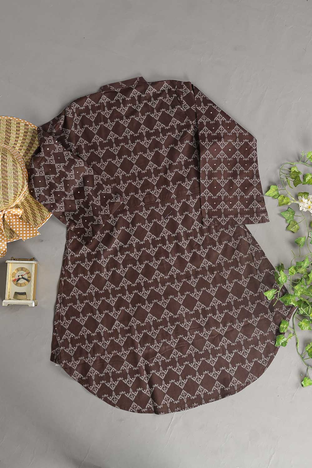 Cambric Printed Kurti With Kamdani Work - Strike (P-24-21-Brown)