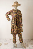P-64-22-Mustard - Box-Frock | 2Pc Cambric Printed Frock With Printed Trouser