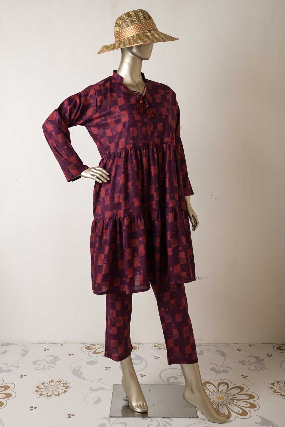 P-64-22-Purple - Box-Frock | 2Pc Cambric Printed Frock With Printed Trouser