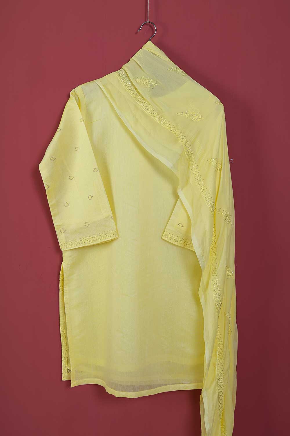 Khombi Paper Cotton 2PC (P-KPC2pc-21-Yellow) - Paper Cotton Embroidered Shirt With Mirror Work With Chiffon Embroidered Dupatta