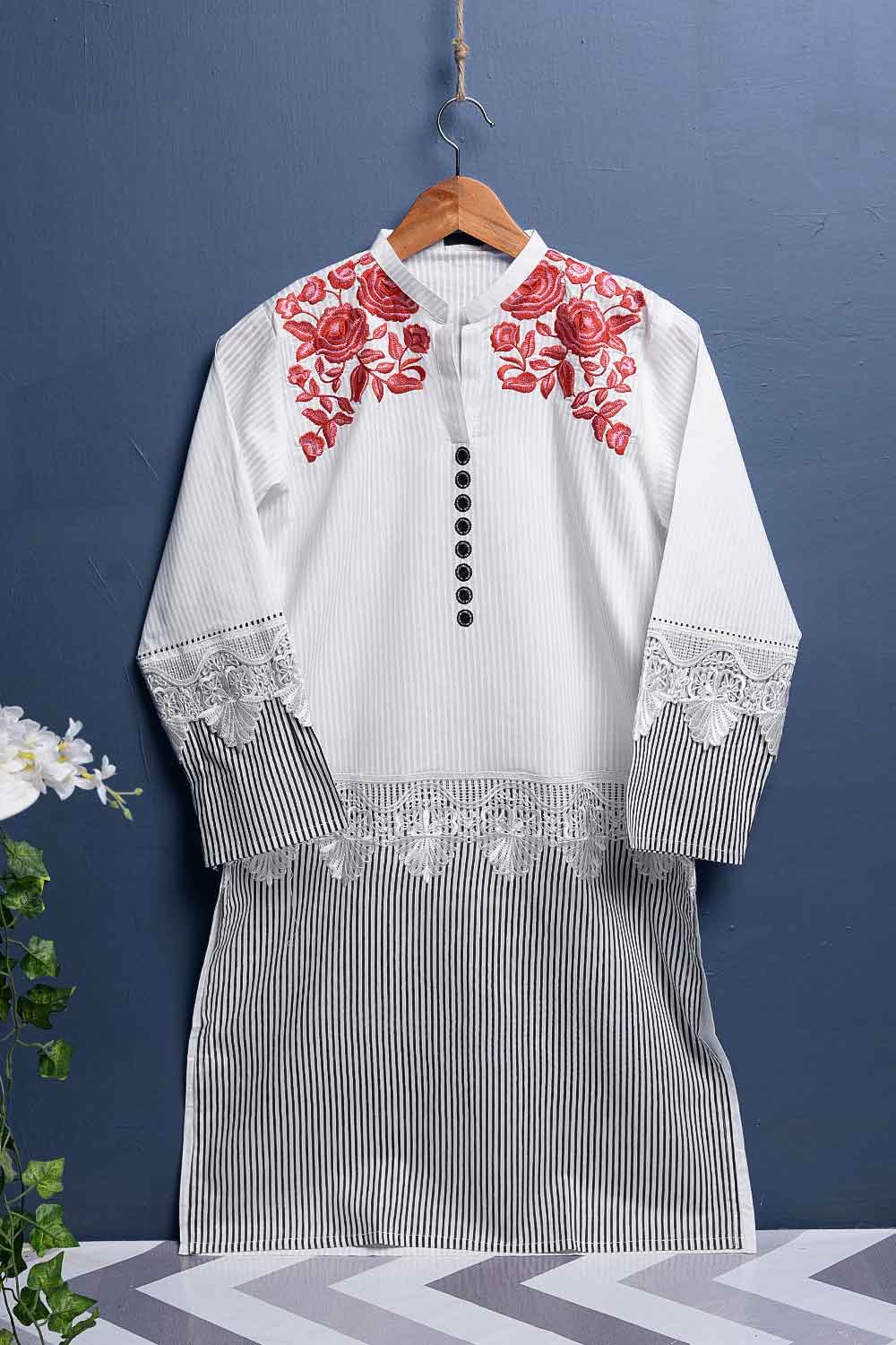 Cambric Printed & Embroidered Kurti - Embroidered Button (P-228-19-W)