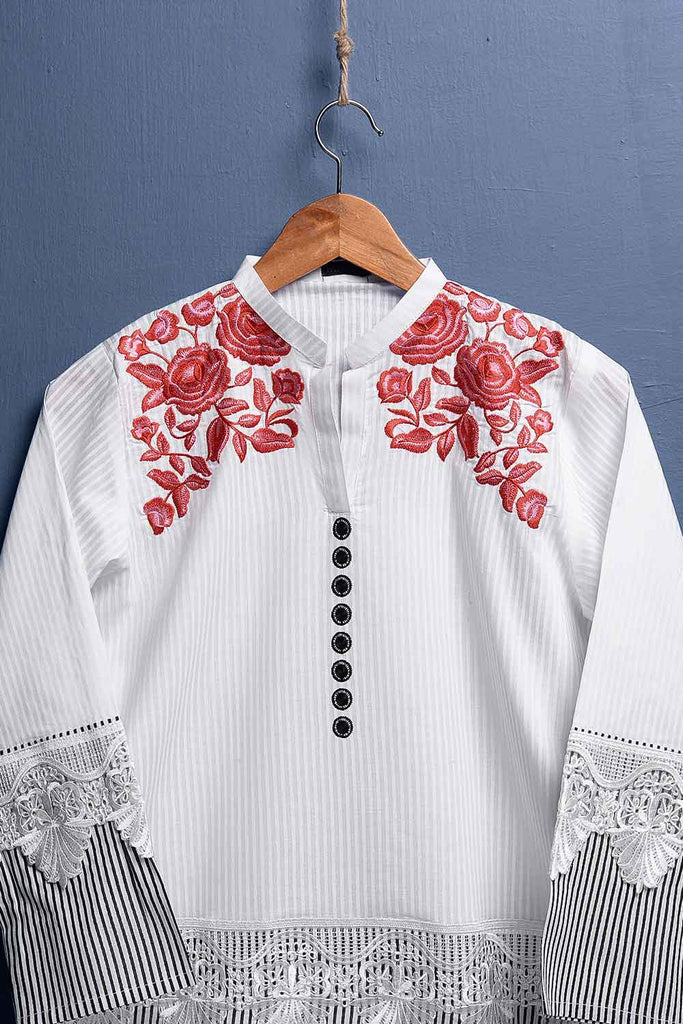 Cambric Printed & Embroidered Kurti - Embroidered Button (P-228-19-W)
