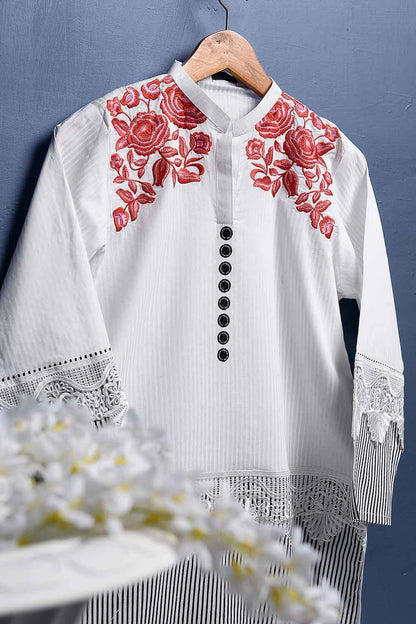 Cambric Printed & Embroidered Kurti - Embroidered Button (P-228-19-W)