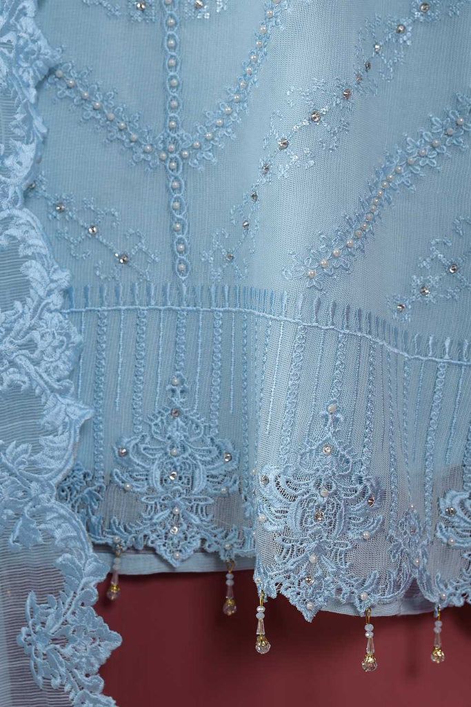Cotton Net 3 PC (P-KCN-21-3pc-Sky Blue) - 3Pc Cotton Net Embroidered with Hand Work With Slub Organza Embroidered Dupatta With Raw Silk Trouser