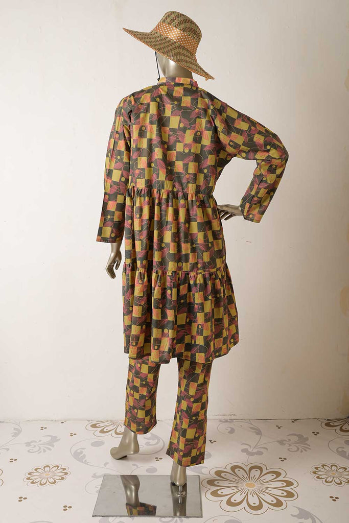 P-64-22-Mustard - Box-Frock | 2Pc Cambric Printed Frock With Printed Trouser