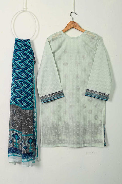 Lime 2PC (P-65-21-Mint) - Cotton Embroidered Shirt With Printed Chiffon Dupatta