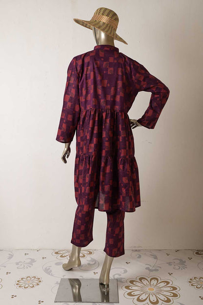 P-64-22-Purple - Box-Frock | 2Pc Cambric Printed Frock With Printed Trouser