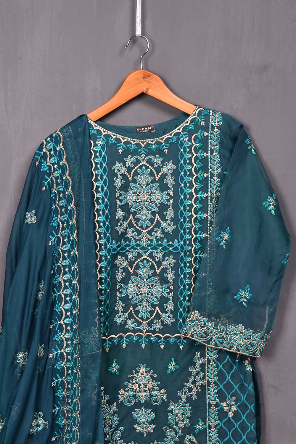 Organza Embroidered Kurti with Chiffon Dupatta - Blossom Peacock (P-30-20-PB)