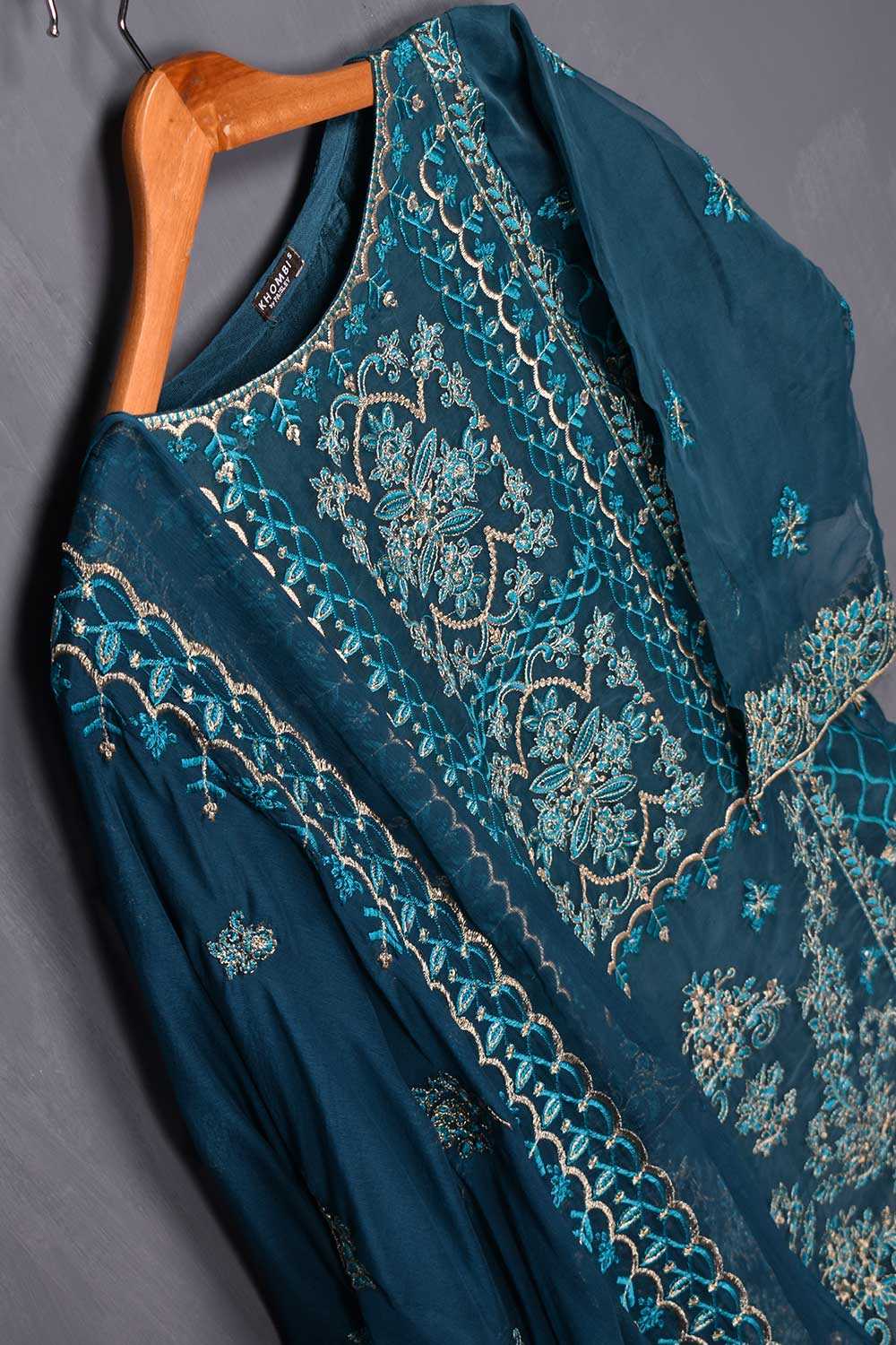 Organza Embroidered Kurti with Chiffon Dupatta - Blossom Peacock (P-30-20-PB)