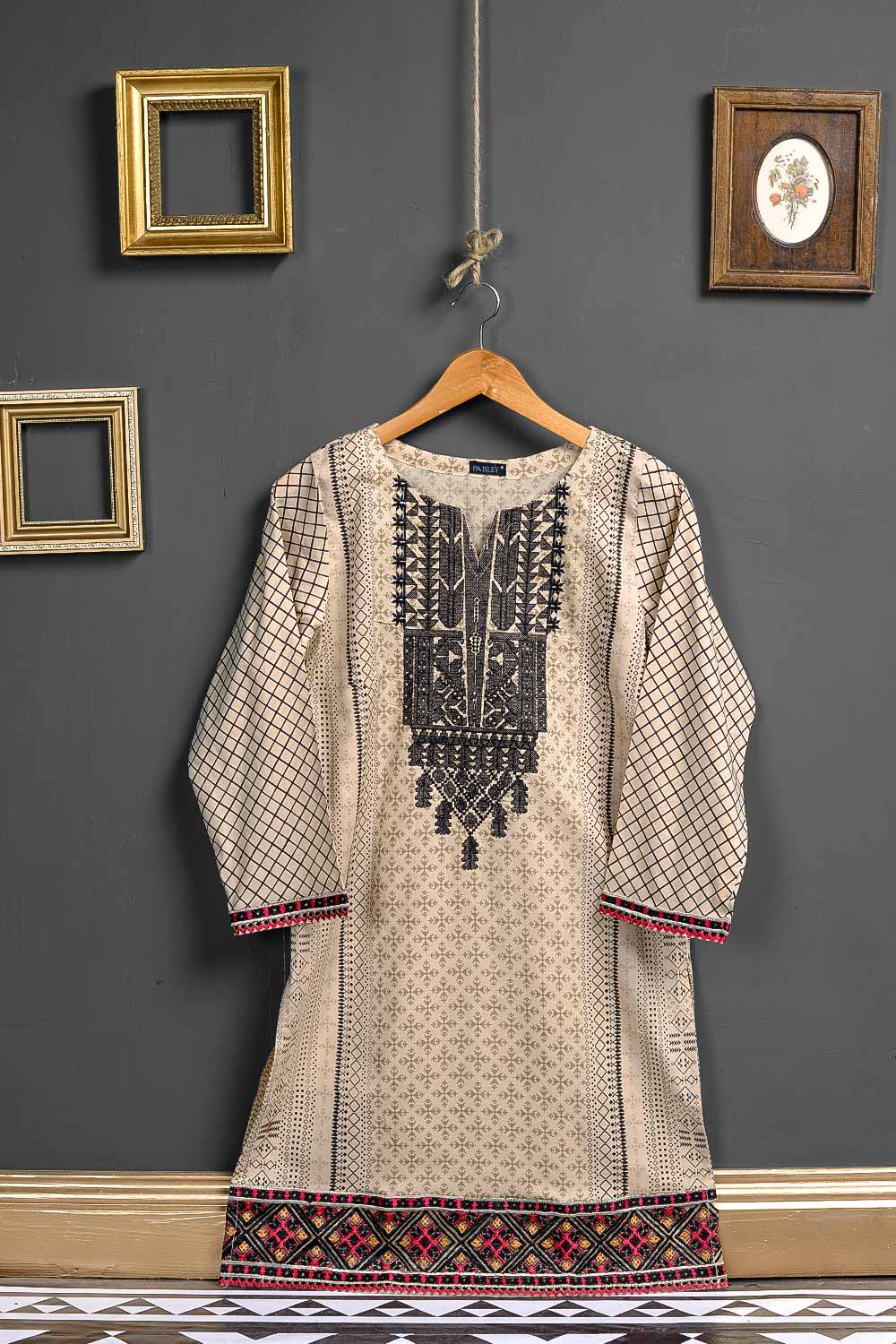 Cambric Printed & Embroidered Kurti - Black Arrow Skin P-66-17-SK