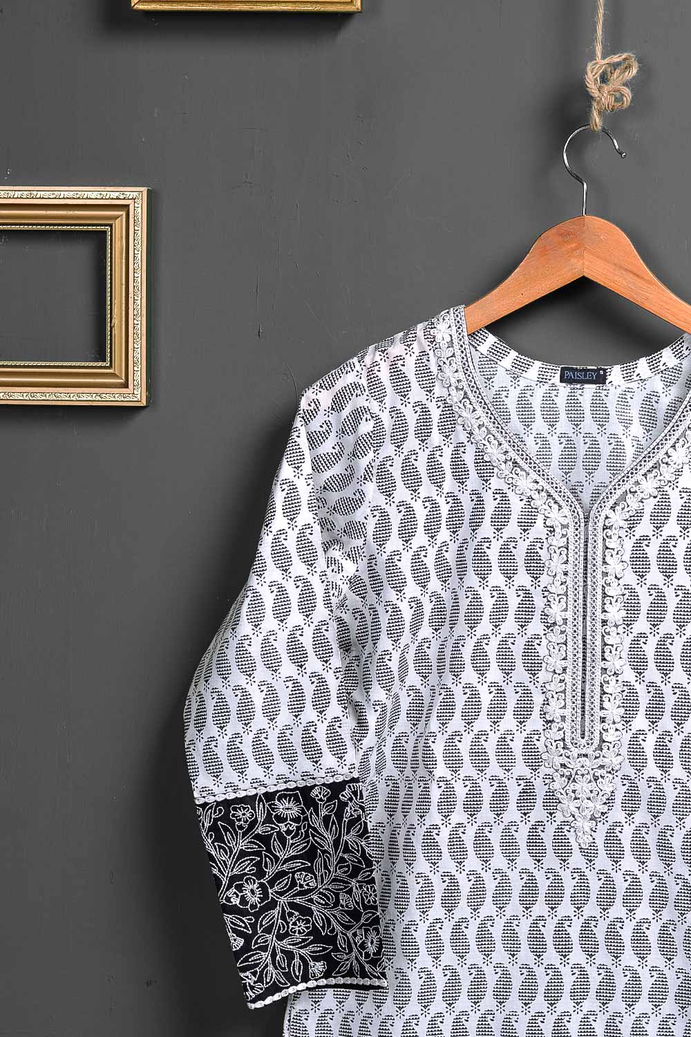 Cambric Printed & Embroidered Kurti - Black Carry P-176-19