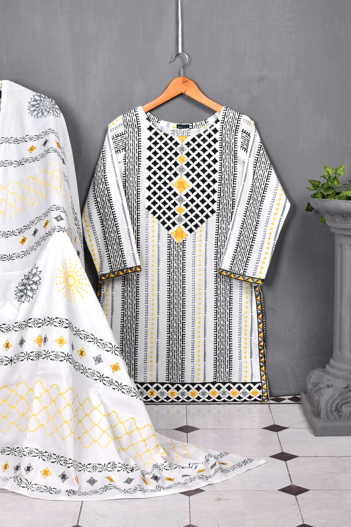 Cambric Printed & Embroidered Kurti with Cambric Printed & Embroidered Dupatta-Black Diamond (P-36-18(Y))