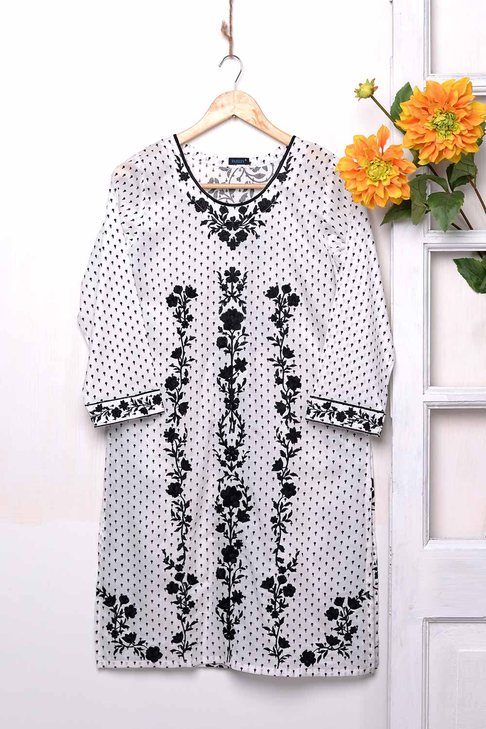 Cambric Embroidered & Printed Kurti  - Black Rose (P-198-19-W)