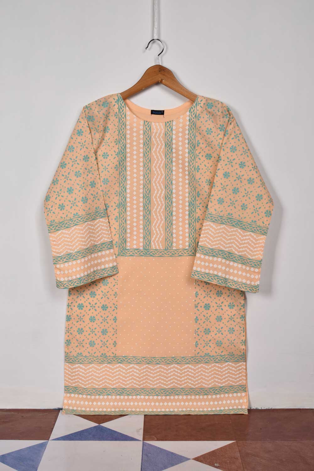 Cambric Printed Kurti - Block Print 2 (P-73-20-Peach)