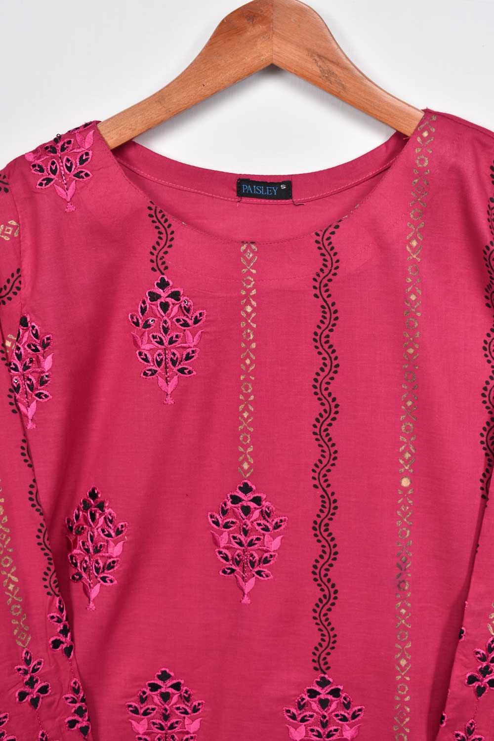 Cambric Printed & Embroidered Kurti - Block Sequence (P-81-20-DarkPink)