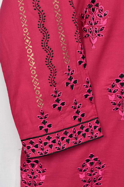 Cambric Printed & Embroidered Kurti - Block Sequence (P-81-20-DarkPink)