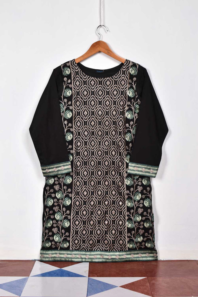Cambric Embroidered Kurti With Mirror Work - Blue Roses (P-69-20-Black)