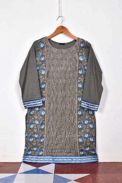 Cambric Printed & Embroidered Kurti With Mirror Work - Blue Roses (P-69-20-Grey)