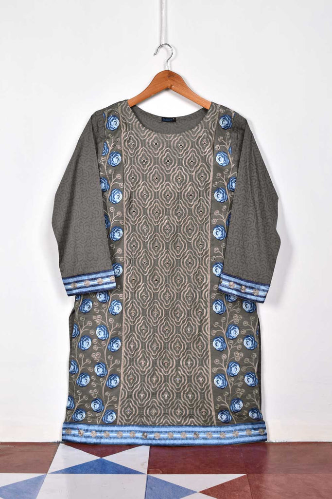 Cambric Printed & Embroidered Kurti With Mirror Work - Blue Roses (P-69-20-Grey)
