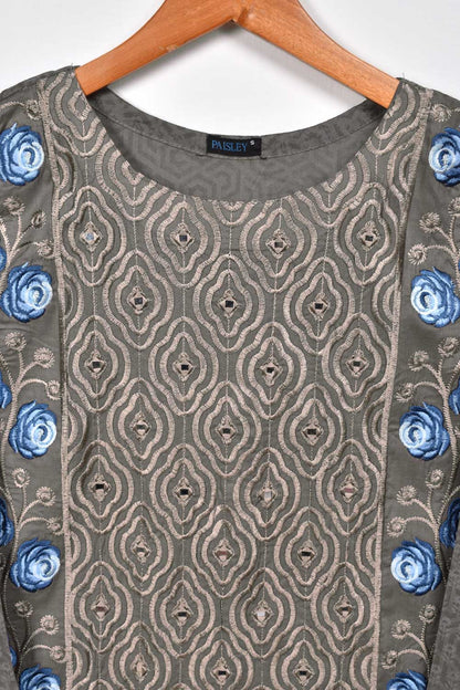 Cambric Printed & Embroidered Kurti With Mirror Work - Blue Roses (P-69-20-Grey)