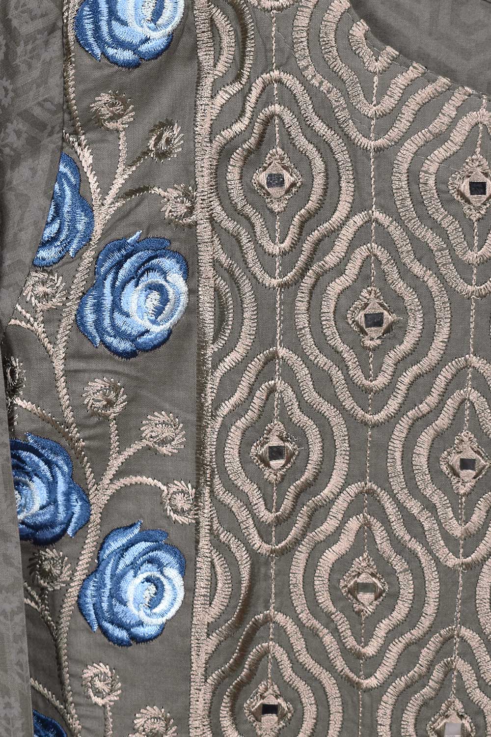 Cambric Printed & Embroidered Kurti With Mirror Work - Blue Roses (P-69-20-Grey)