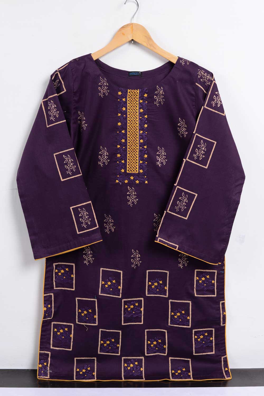 Cambric Embroidered & Printed Kurti - Boxes (P-221-19-Purple)