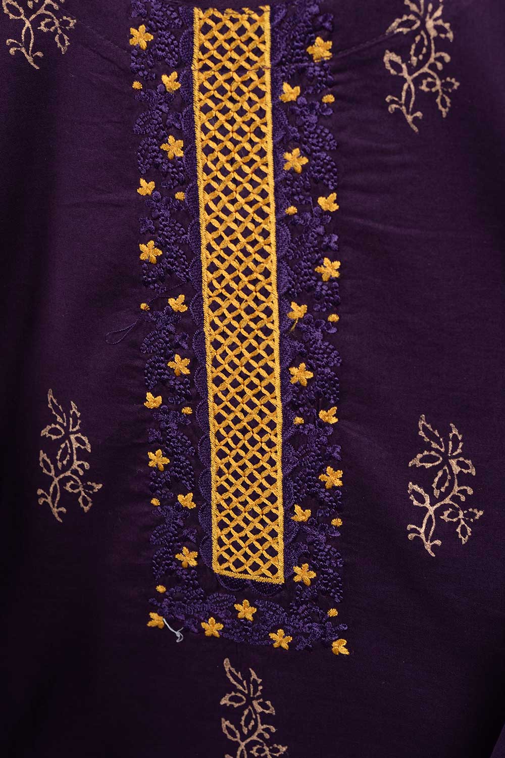 Cambric Embroidered & Printed Kurti - Boxes (P-221-19-Purple)