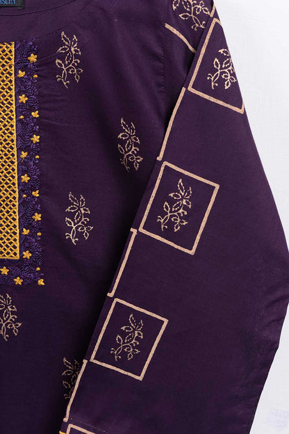 Cambric Embroidered & Printed Kurti - Boxes (P-221-19-Purple)