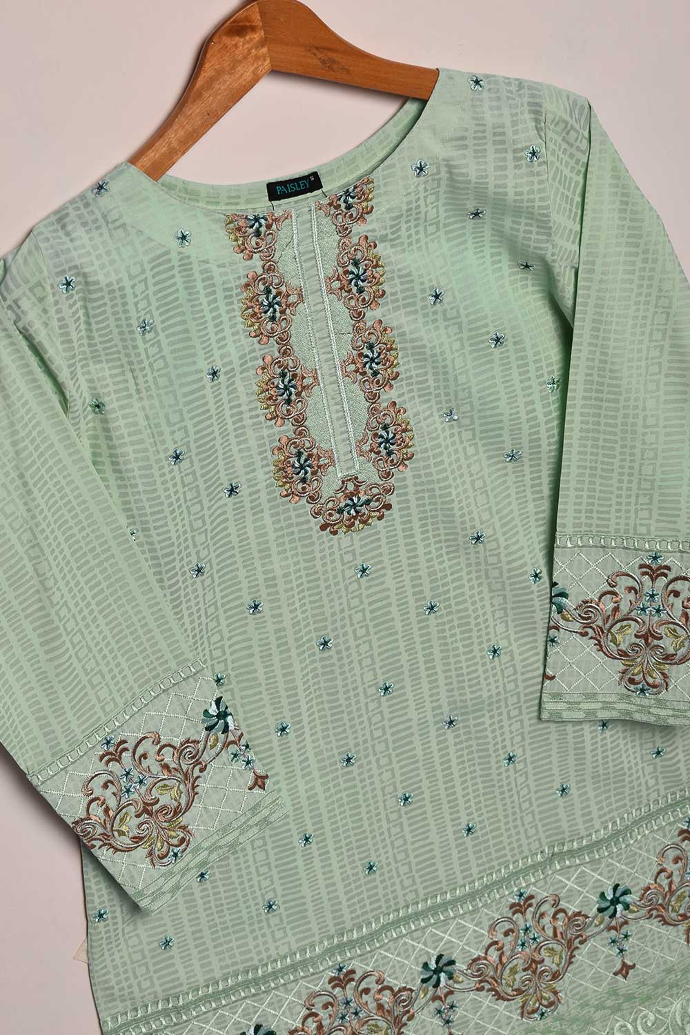 Cambric Printed & Embroidered Kurti - Brick Print (P-09-21-LightGreen)