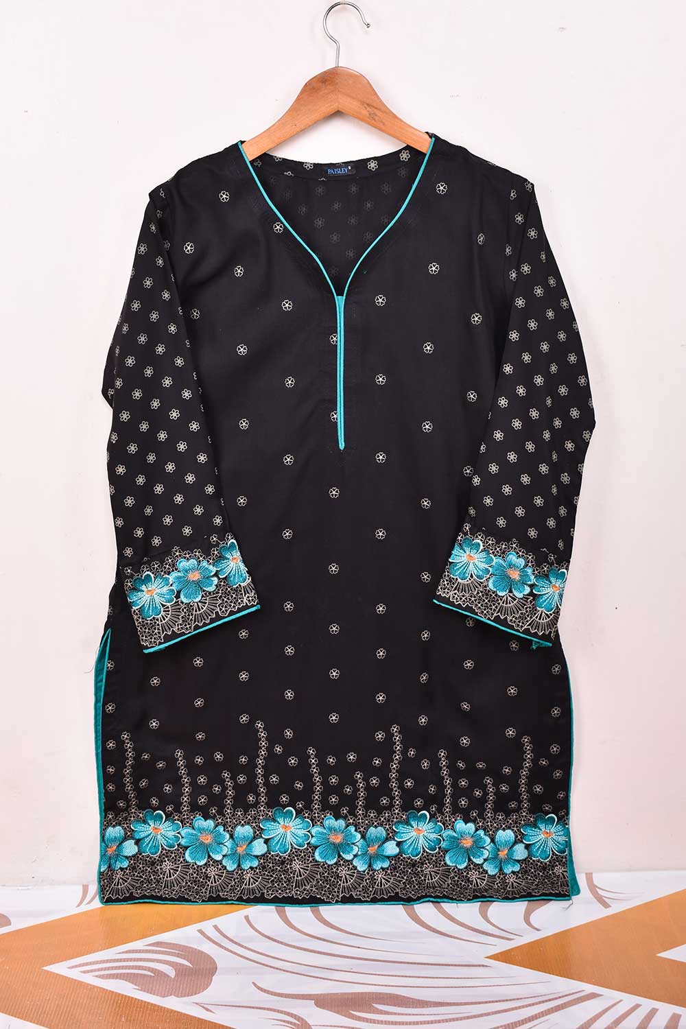 Cambric Printed & Embroidered Kurti - Chicken Phool (P-46-21-Black)