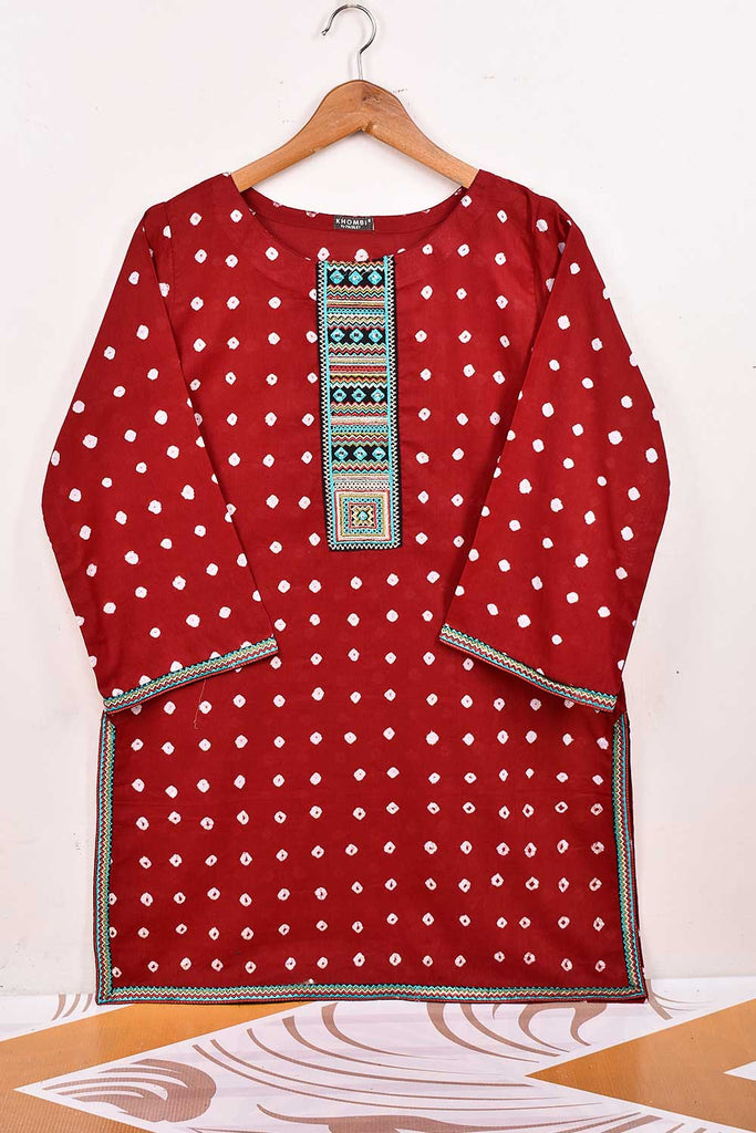 Cambric Printed & Embroidered Kurti - Chunri Lawn Shirt (P-CL-21-Red)
