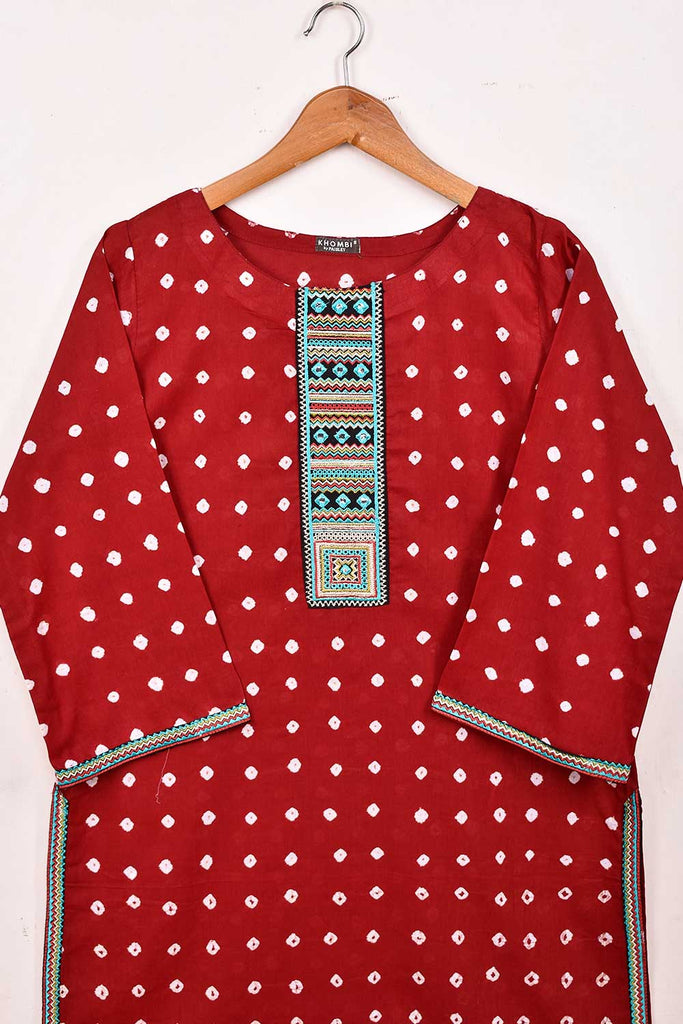Cambric Printed & Embroidered Kurti - Chunri Lawn Shirt (P-CL-21-Red)